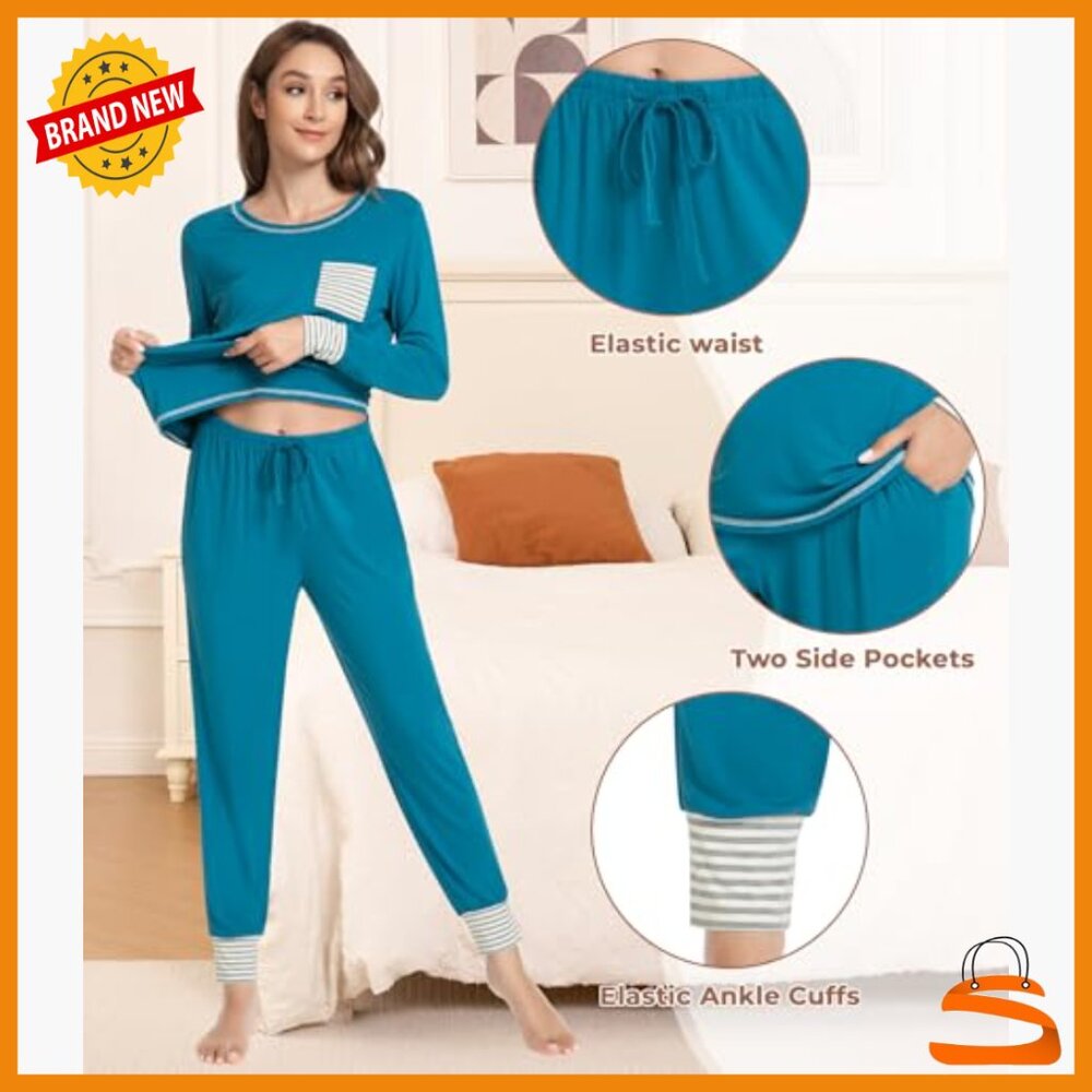 Soft Bamboo Viscose Pajama Set, Long Sleeve Crew Neck with Joggers, X-Large - Picture 4 of 7